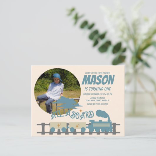 レトロトレインキッズバースデーパーティーアーシー写真 ポストカード (スタンド正面)