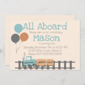 レトロトレインキッズファースト誕生日パーティー 招待状 (正面/裏面)
