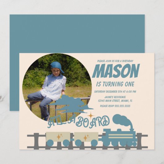 レトロトレイン キッズバースデーパーティー アーシー フォト 招待状 (正面/裏面)