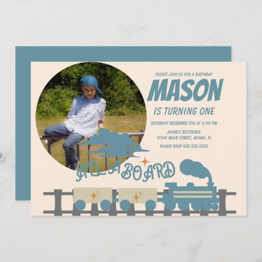 レトロトレイン キッズ誕生日パーティー アーシー フォト 招待状 (正面/裏面)
