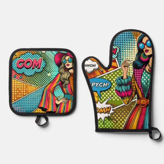 レトロトレンディーイラストレーションポップ・アートのスタイル 鍋つかみ&鍋敷きセット (正面)