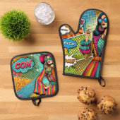 レトロトレンディーイラストレーションポップ・アートのスタイル 鍋つかみ&鍋敷きセット (トップダウン)