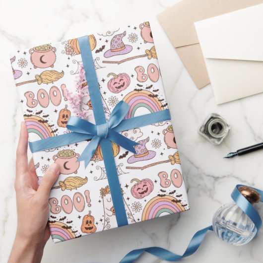 レトロトレンディーキュートハロウィンエレメンツ幽霊パンプキン ラッピングペーパー (ギフト)