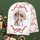 レトロトレンディーレッドボウズ楕円形フォトアーチホリデーカード 招待状