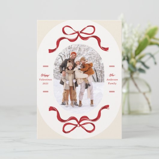 レトロトレンディーレッドボウズ楕円形フォトハッピーバレンタイン シーズンカード (スタンド正面)