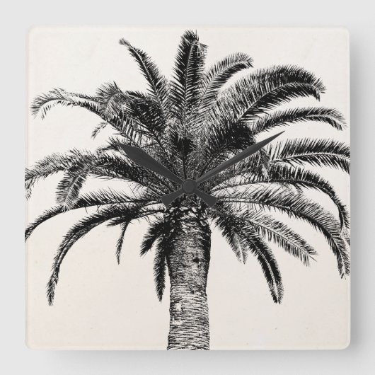 レトロトロピカルアイランドパームツリーインブラック&ホワイト スクエア壁時計 (正面)