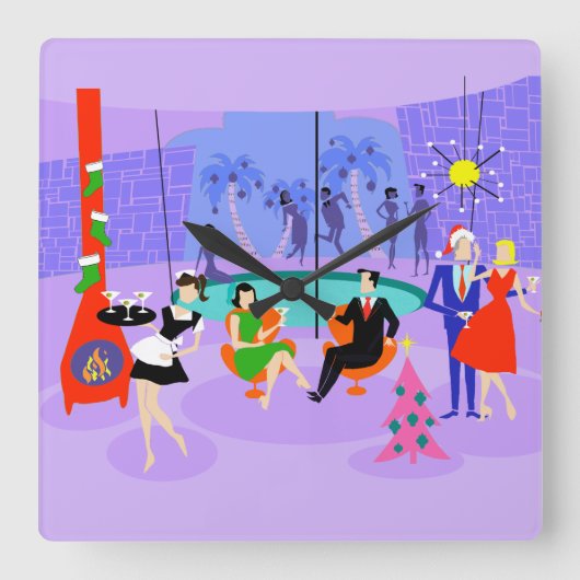 レトロトロピカルクリスマスパーティーウォール時計 スクエア壁時計 (正面)