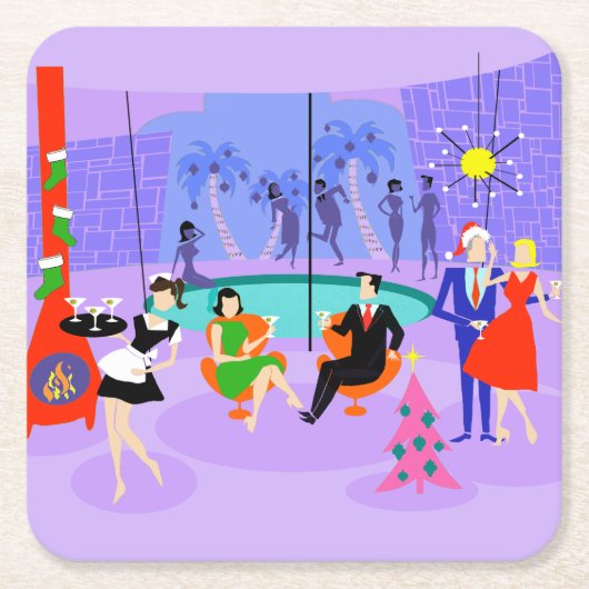 レトロトロピカルクリスマスパーティー紙コースター スクエアペーパーコースター (正面)