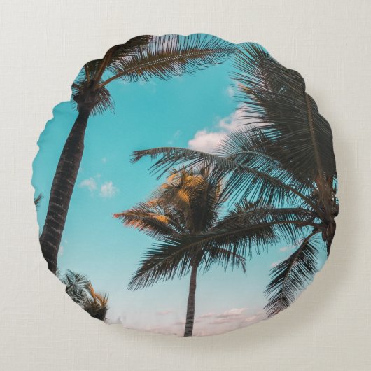 レトロトロピカルパームツリーバイザビーチ ラウンドクッション (正面)