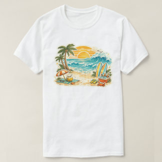 レトロトロピカルビーチの夕焼けイラスト | ビンテージ Tシャツ