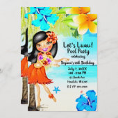 レトロトロピカルフラガールルアウ(ハワイ式宴会)ビーチパーティー誕生日 招待状 (正面/裏面)