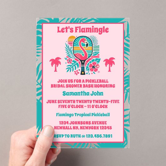 レトロトロピカルフラミンゴピックボールブライダルシャワー アクリル招待状 (インサイチュ (ポータブル))