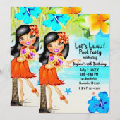 レトロトロピカル フラガール ルアウ ビーチパーティー 誕生日 招待状 (正面/裏面)