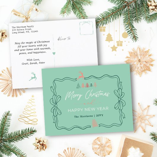 レトロトーン：ボウ&ツリーズドールズホリデーポストカード シーズンポストカード