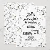 レトロドゥードル モダンハート＆バルーン 誕生日 招待状 (正面/裏面)