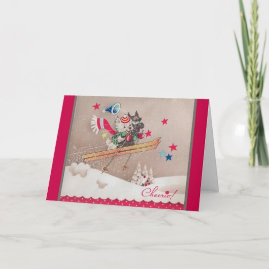 レトロドッグスキークリスマスグリーティングカード シーズンカード (正面)