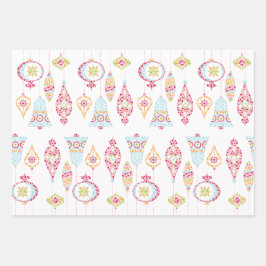 レトロドットクリスマスバードとオーナメント ラッピングペーパーシート