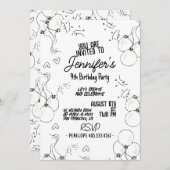 レトロドードルモダンハート&バルーン誕生日 招待状 (正面/裏面)