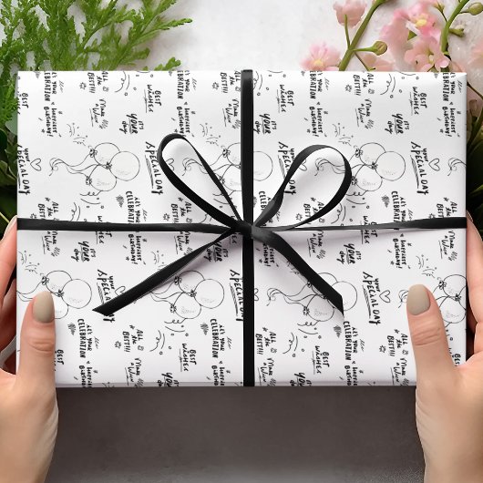 レトロドードルモダンバルーンハッピーバースデー ラッピングペーパー