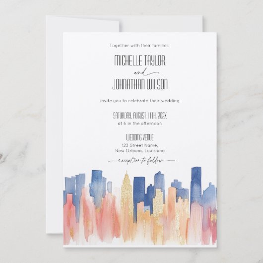 レトロニューオーリンズデスティネーションウェディングウォーターカラー 招待状 (正面)