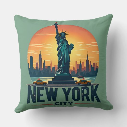 レトロニューヨークシティスカイラインと自由の女神 クッション (裏面)