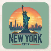 レトロニューヨークシティスカイラインと自由の女神 スクエアペーパーコースター (正面)