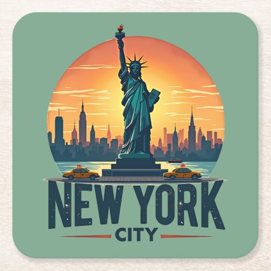 レトロニューヨークシティスカイラインと自由の女神 スクエアペーパーコースター (正面)