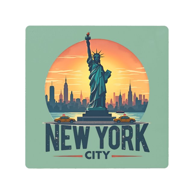 レトロニューヨークシティスカイラインと自由の女神 メタルプリント (正面)