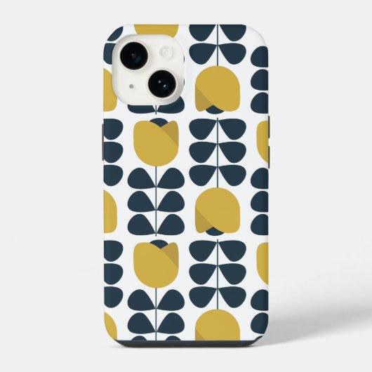 レトロネイビーとイエローの花柄 iPhoneケース (裏面)