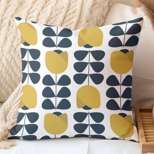 レトロネイビーと黄色の花柄 クッション