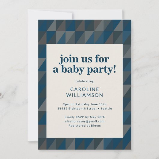 レトロネイビーブルーグレー幾何学赤ちゃんシャワー 招待状 (正面)