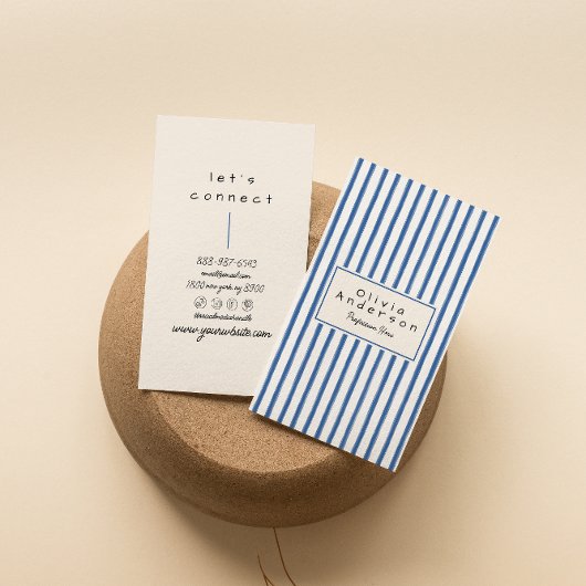 レトロネイビーブルーハンドドローストライプドボホユニーク 名刺