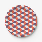 レトロネイビーブルーレッドキューブの幾何モダンパターン ペーパープレート (正面)