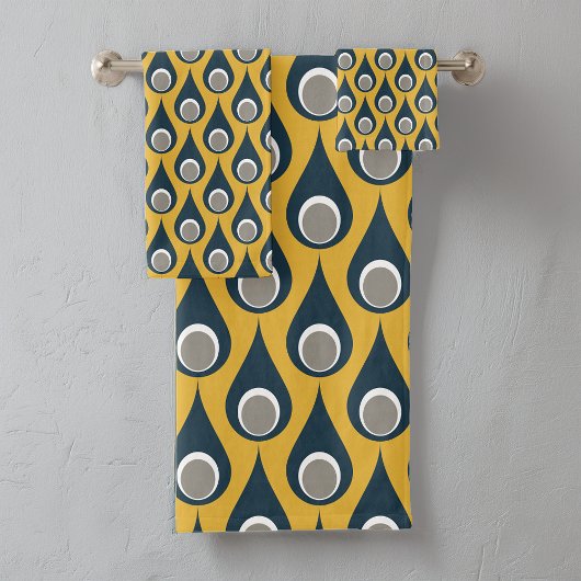 レトロネイビーマスタードジオメトリックドロップパターン バスタオルセット
