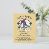 レトロネイビーレッド&マスタードボーリング誕生日パーティー インビテーションポストカード (スタンド正面)