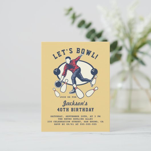 レトロネイビーレッド&マスタードボーリング誕生日パーティー インビテーションポストカード (スタンド正面)