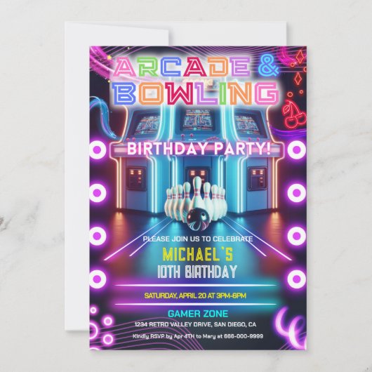 レトロネオンアーケード&ボーリングゲーム誕生日パーティー 招待状 (正面)