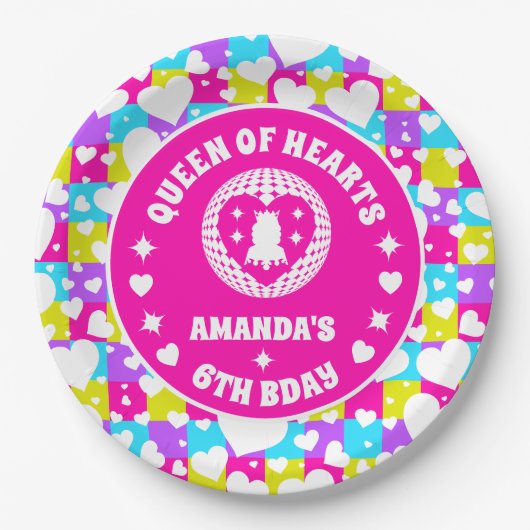 レトロネオンクイーンオブハート誕生日 ペーパープレート (正面)