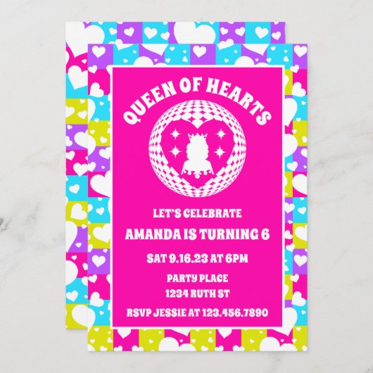レトロネオンクイーンズオブハートバースデーパーティー 招待状 (正面/裏面)