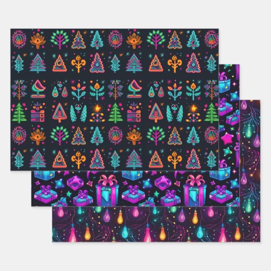レトロネオンクリスマス ラッピングペーパーシート (セット)