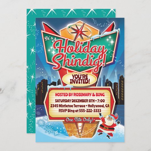 レトロネオンサインクリスマス招待状 招待状 (正面/裏面)