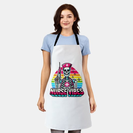 レトロネオンスケルトンナースおもしろい-不気味メディカルD エプロン (着用した状態)