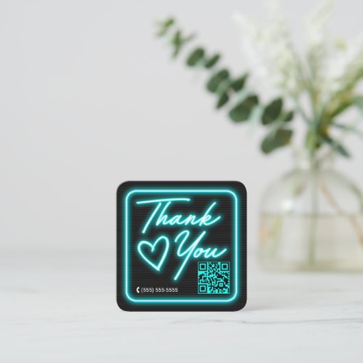 レトロネオンティール(緑がかった色)点灯サインお客様ありがとう スクエア名刺 (スタンド正面)