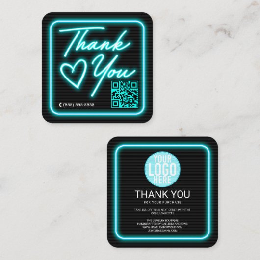 レトロネオンティール(緑がかった色)点灯サインお客様ありがとう スクエア名刺 (正面/裏面)