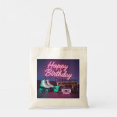 レトロネオンハッピーバースデーサインinピンクとティール（緑がかった色） トートバッグ (裏面)