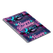 レトロネオンハッピーバースデーサインinピンクとティール(緑がかった色) ノートブック (右側)