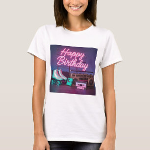 レトロネオンハッピーバースデーサインinピンクとティール(緑がかった色) tシャツ