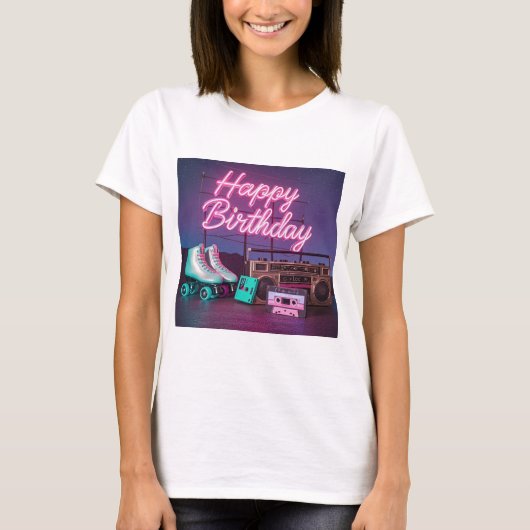 レトロネオンハッピーバースデーサインinピンクとティール(緑がかった色) tシャツ (正面)