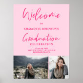 レトロネオンピンクのフォトスクリプトへようこそ卒業 ポスター (正面)