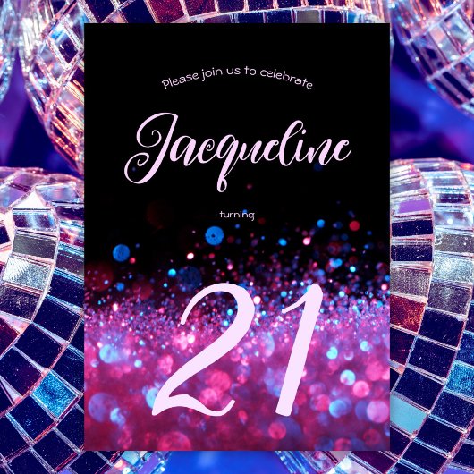 レトロネオンピンクグリッターグロースクリプト21歳の誕生日 招待状